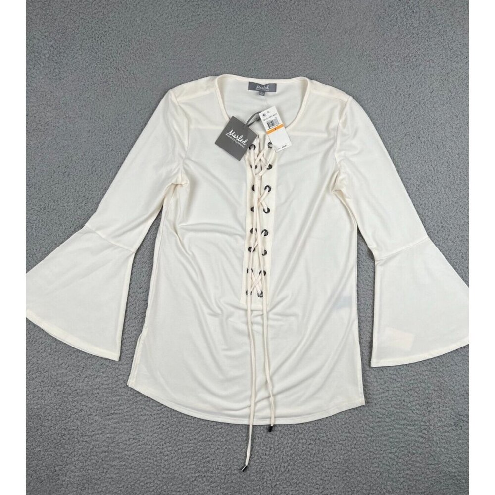 NWT Marled Reunited Clothing Top Women Small Ivory Bell Sleeve Lace Up Boho